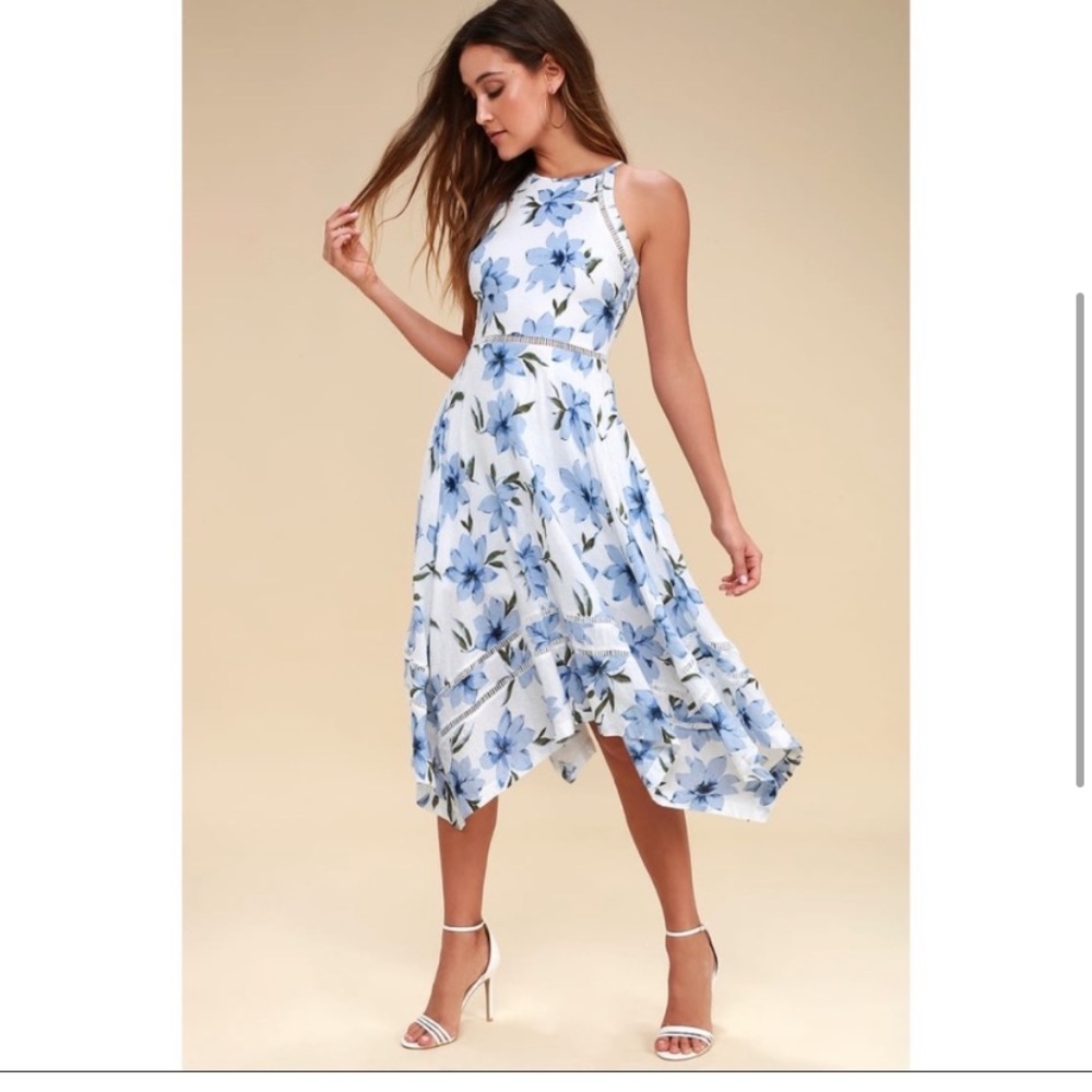NEW Lulus Zaharia Blue & White Floral Print Midi Dress